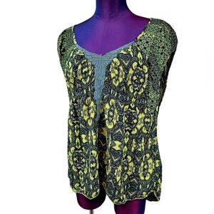 Unity World Wear Bohemian‎ Style Blouse Chartreuse & Navy Size Medium Women's